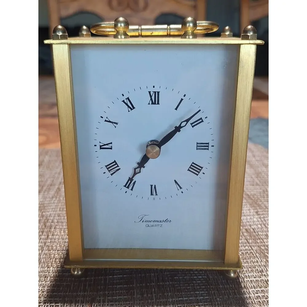 Timemaster Quartz Brass Tone Carriage Mantel Desk Shelf Clock Roman Numeral